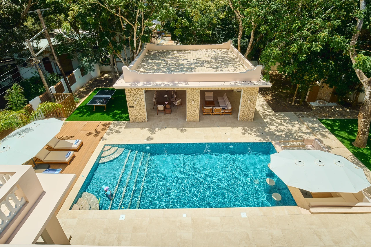 The private pool and Pavilion surrounded by the villa gardens